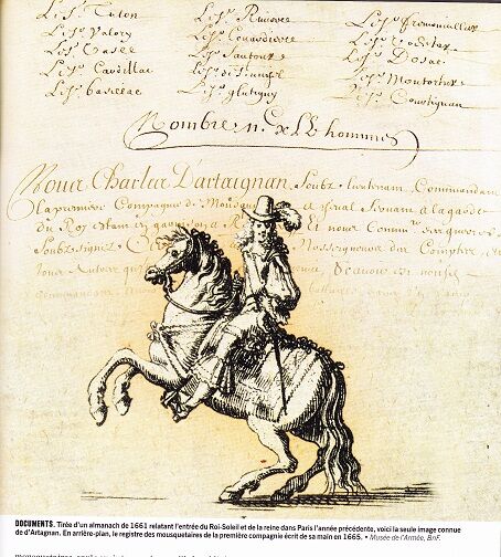 D'Artagnan (Gravur) und ein Register mit Namen von Musketieren, von ihm 1665 geschrieben.